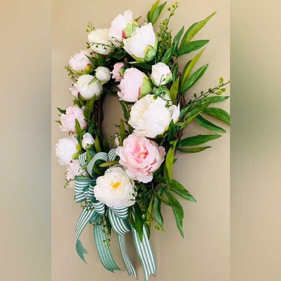 HAND CRAFTED Everyday Door Wreath with Pink and White Peonies - Picture 2 of 9